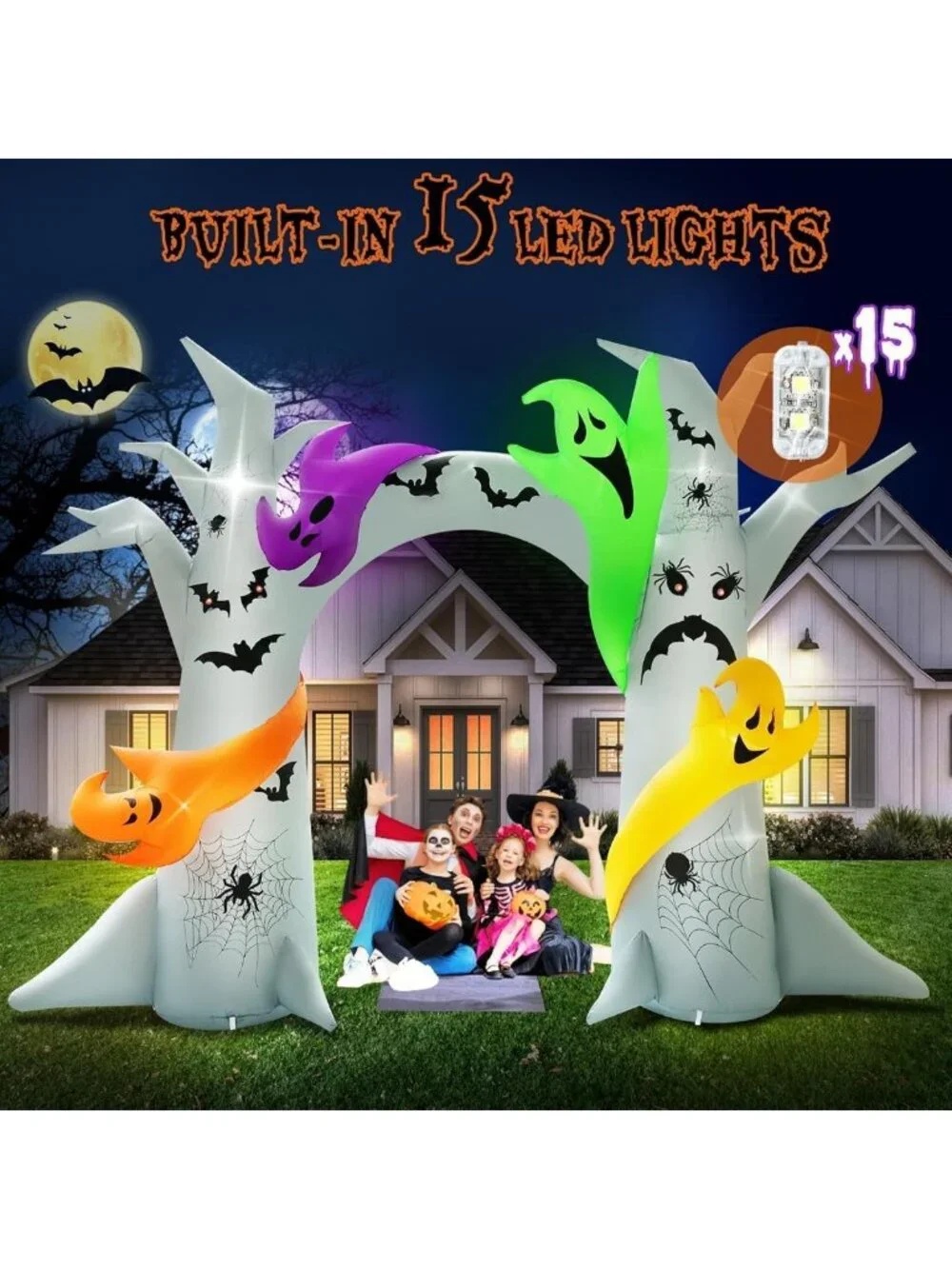 14FT Halloween Inflatable Tree Arch with Colorful Ghosts & LED Lights - Outdoor